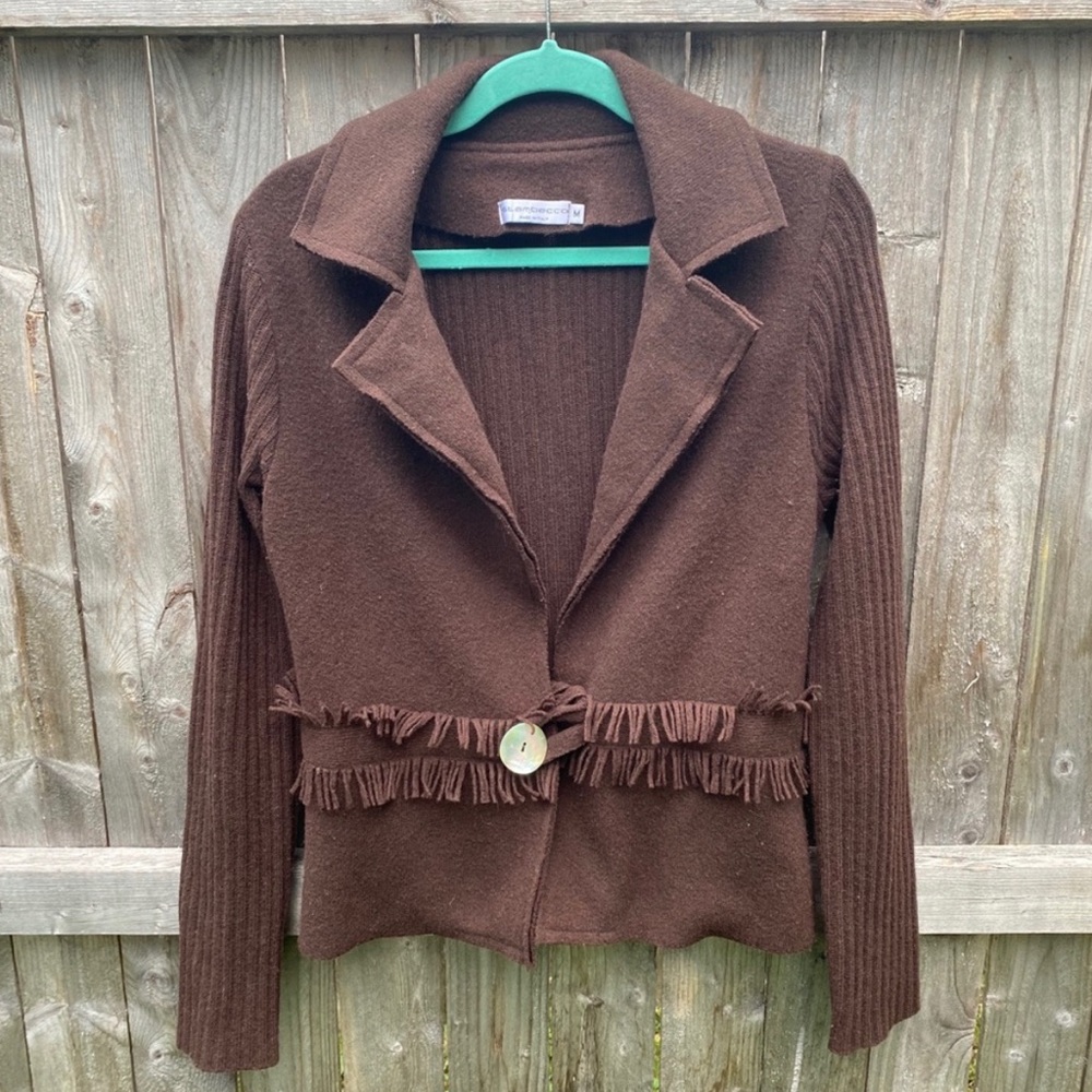 Vintage St. Ambecco Wool Fringe Boho Ribbed Sweater Cardigan Jacket Sz M